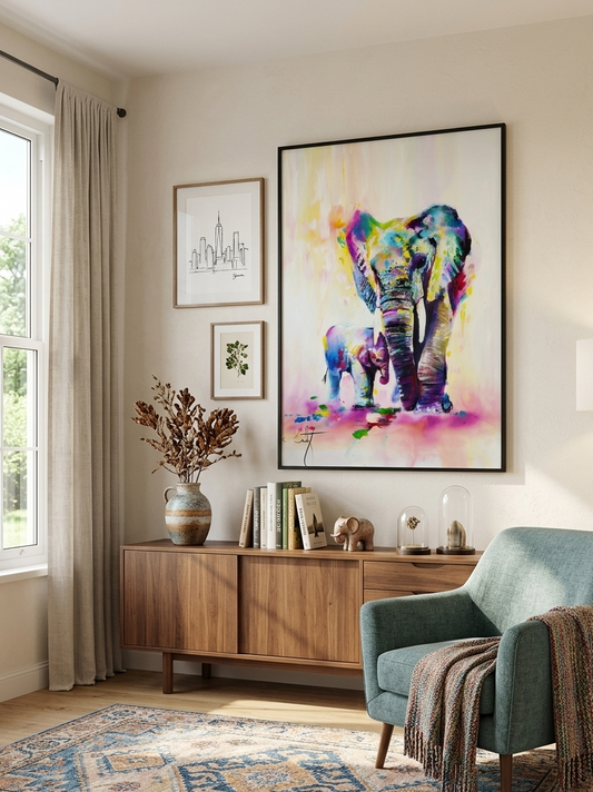 Elephant Colourful Porcelain Wall Art with LED lights (70x100 cm)