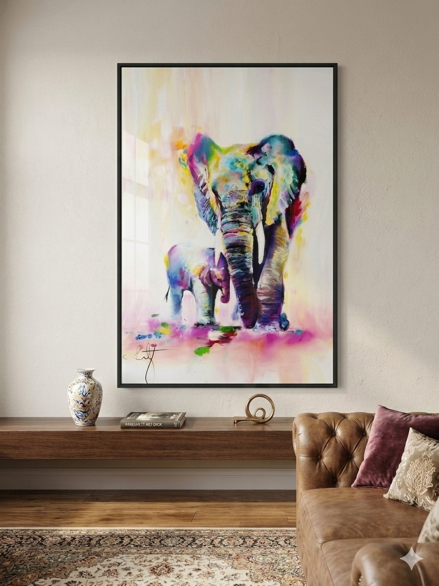 Elephant Colourful Porcelain Wall Art with Crystals & LED lights (70x100 cm)