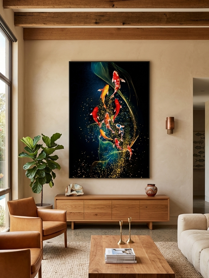Koi Fish Porcelain Wall Art with Crystals & LED lights (70x100 cm)