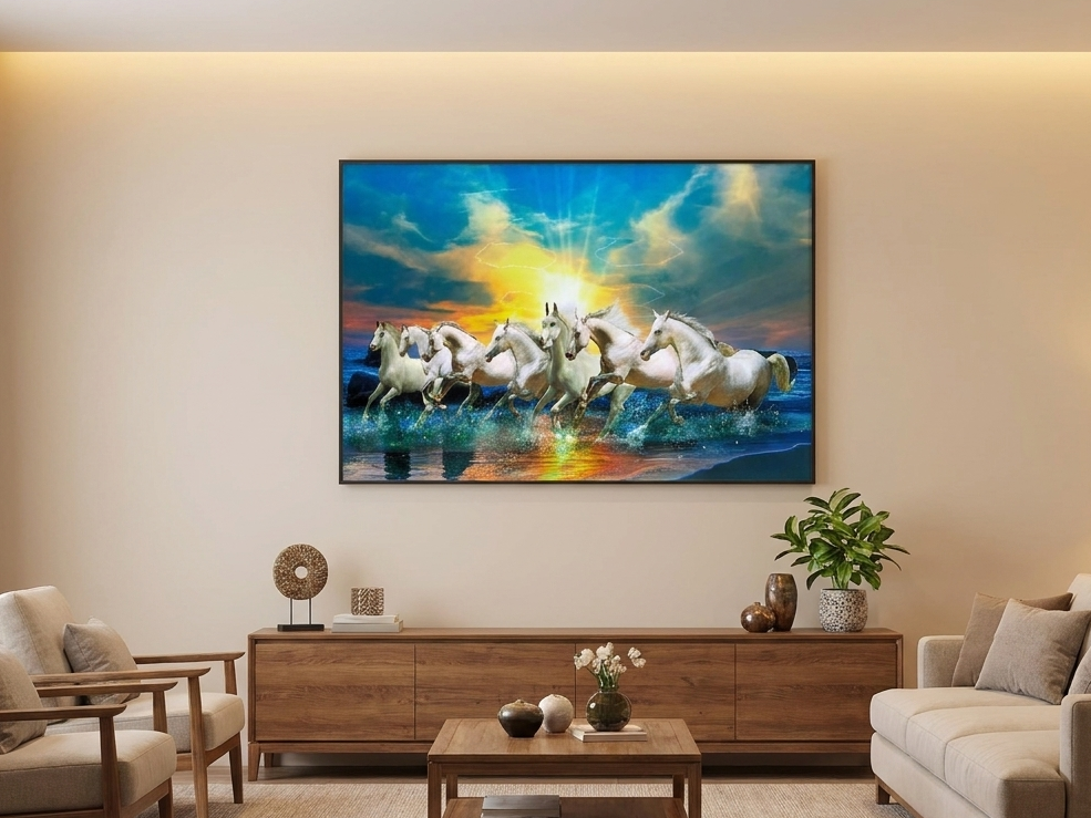 7 Horse Porcelain Wall Art with Crystals & LED lights (70x100 cm)