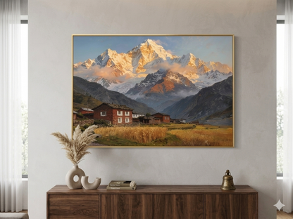 Vibrant Landscape Red House and Snow Mountain Porcelain Wall Art (70x100 cm)