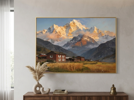 Vibrant Landscape Red House and Snow Mountain Porcelain Wall Art (70x100 cm)
